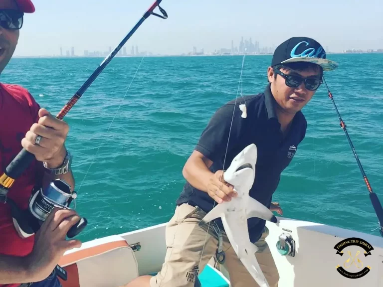 Gallery 9 A man holding a tiny shark then released it after being caught.