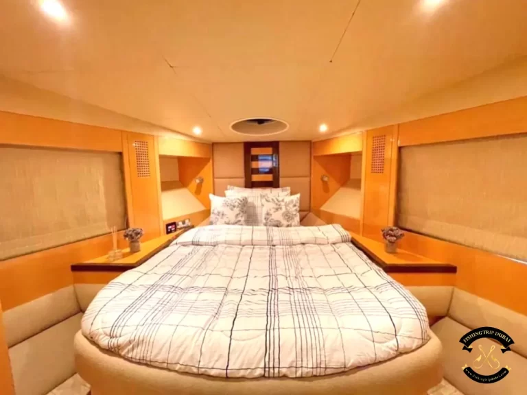 fishing trip Dubai. Majesty 44 ft bedroom with fish eye front view.