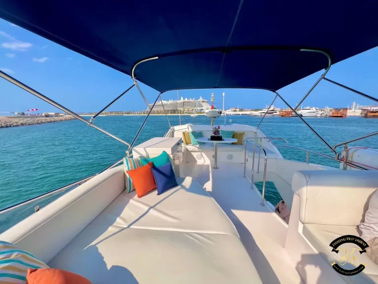 fishing trip Dubai. Majesty 44 ft upper deck with pillows, comfortable seats and table.