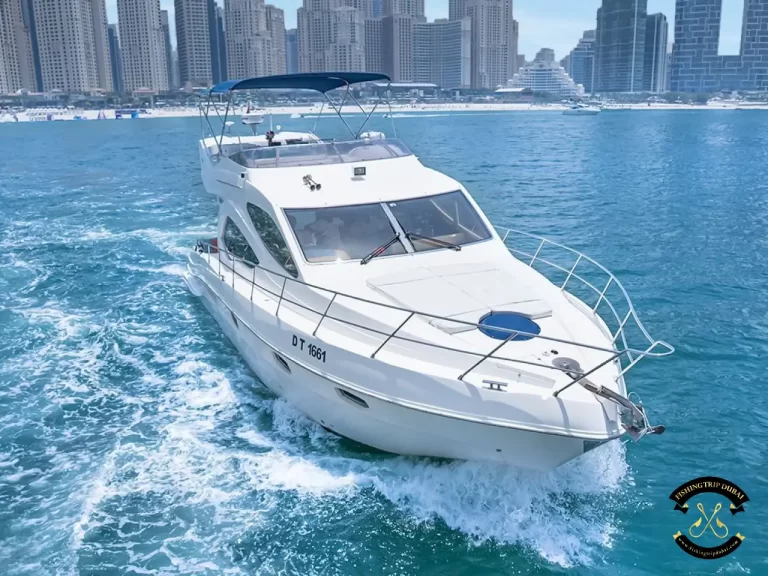 fishing trip Dubai. Majesty 44 ft closer angle front view exterior.