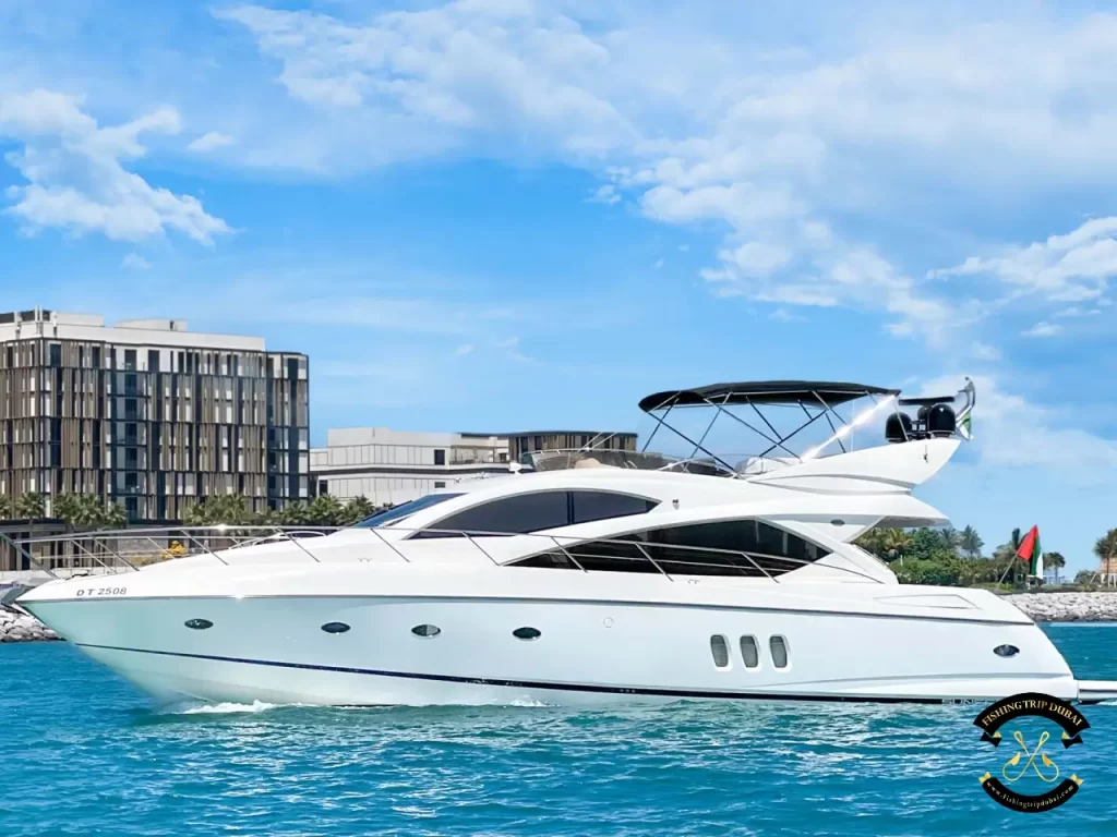 fishing trip Dubai. Sunseeker 70 ft full shot view from the side.