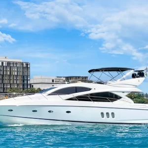 fishing trip Dubai. Sunseeker 70 ft full shot view from the side.