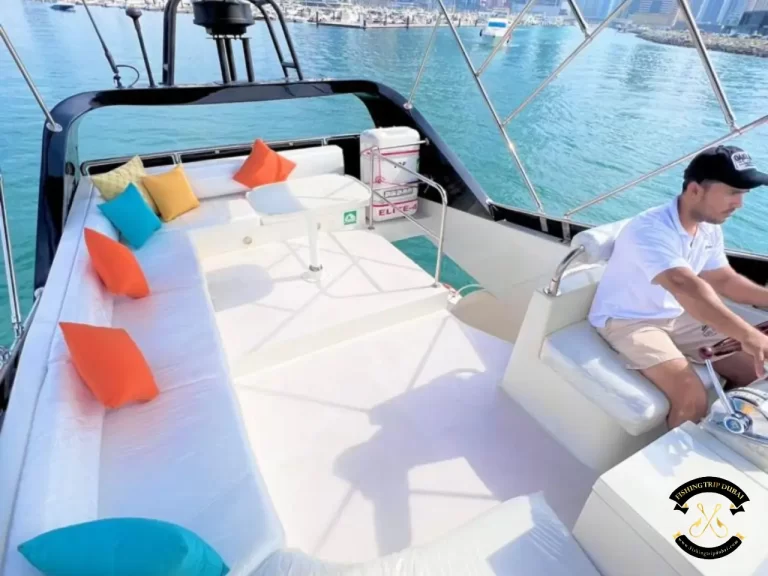 fishing trip Dubai. Majesty 48 FT full shot of upper deck with captains chair.