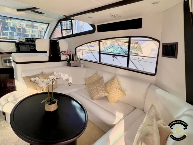fishing trip Dubai. Majesty 48 FT interior living room.